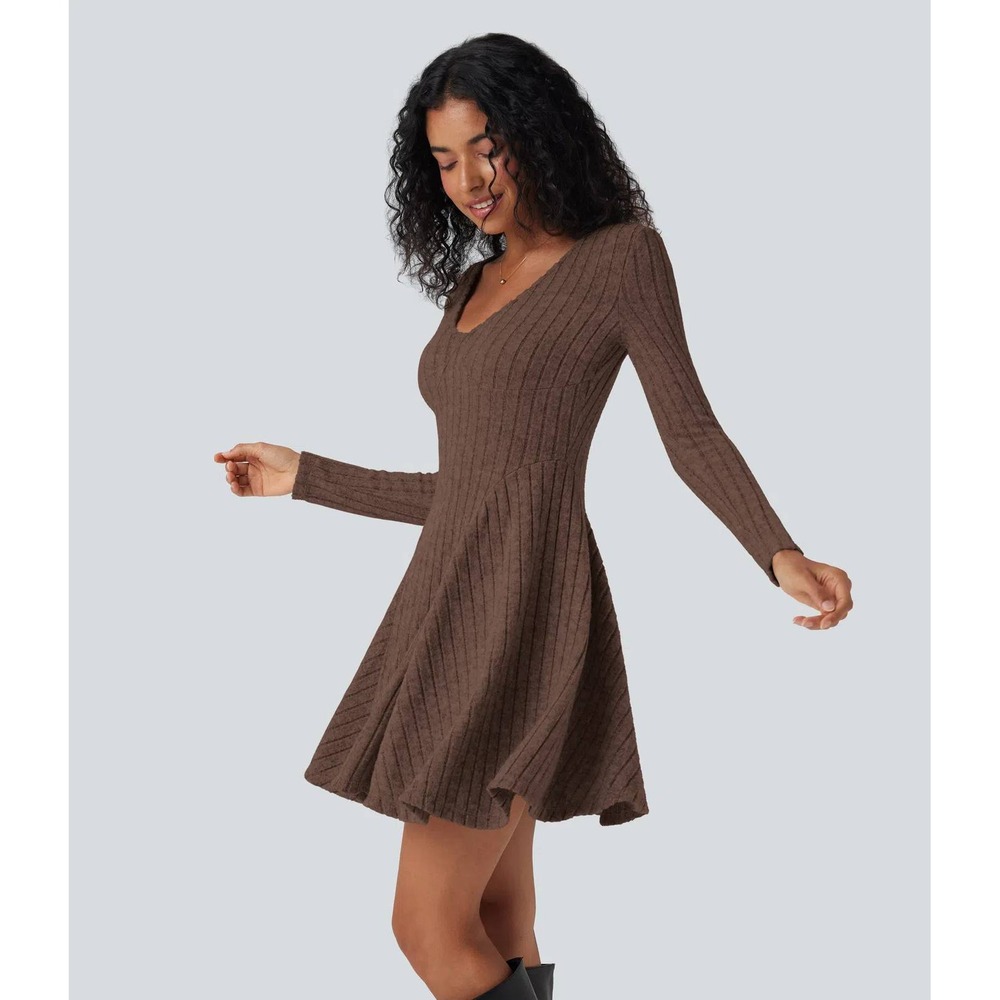 Halara nwt M Brown ribbed long sleeve flare mini casual dress office travel work